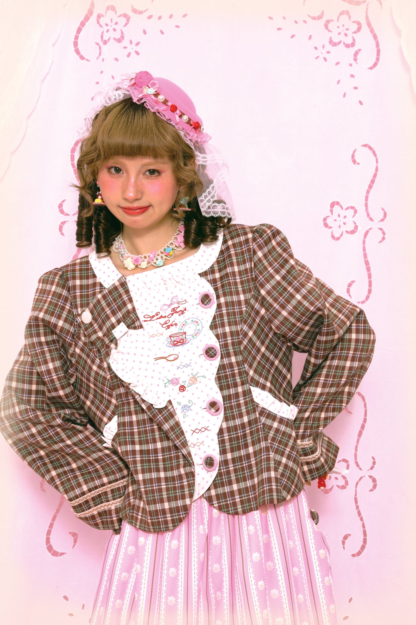 Retro Polka Dot Embroidery Tea Break Suit Jacket Pink & Coffee