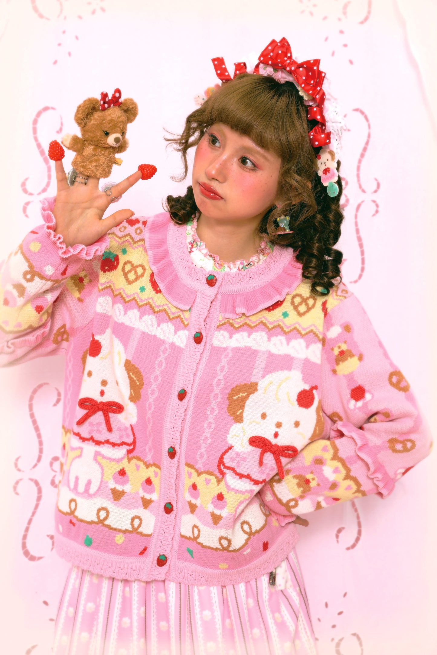 Cream Puppy Cutlery Lace Sweet Pink Knitted Cardigan Sweater