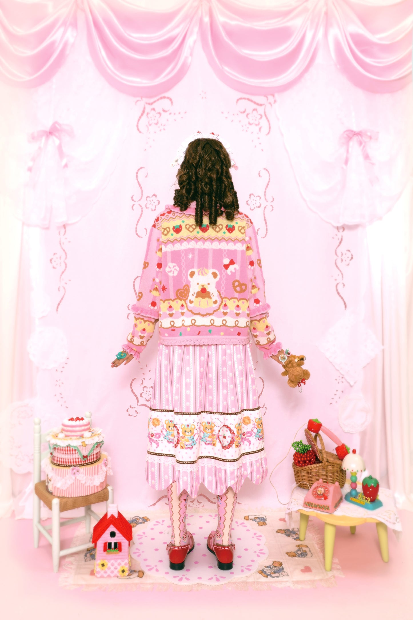 Cream Puppy Cutlery Lace Sweet Pink Knitted Cardigan Sweater