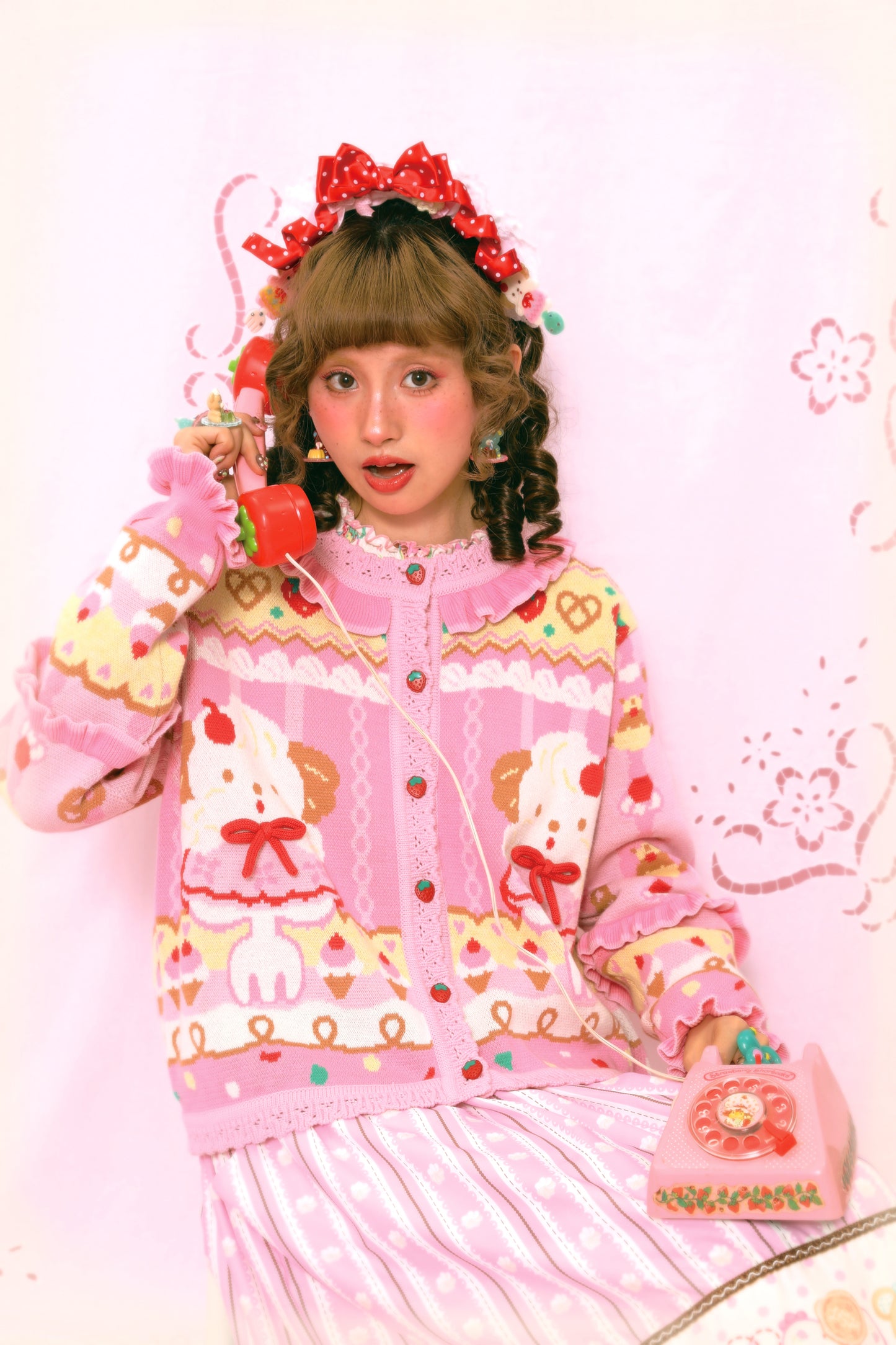 Cream Puppy Cutlery Lace Sweet Pink Knitted Cardigan Sweater
