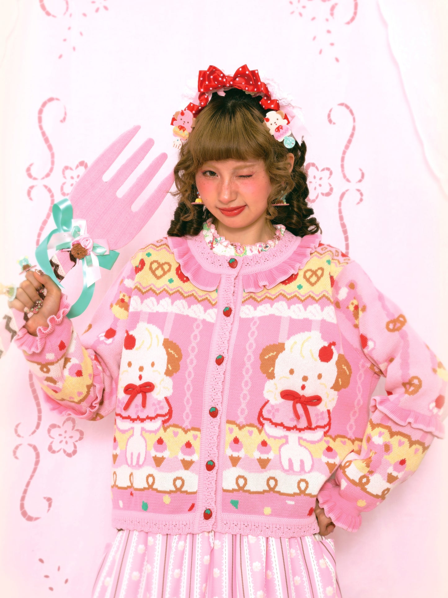 Cream Puppy Cutlery Lace Sweet Pink Knitted Cardigan Sweater