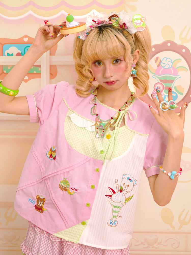 Pink collar stitching embroidery sweet asymmetric versatile shirt top