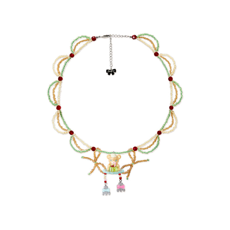 Original Vintage Pudding Bear Resin Beaded Cream Necklace