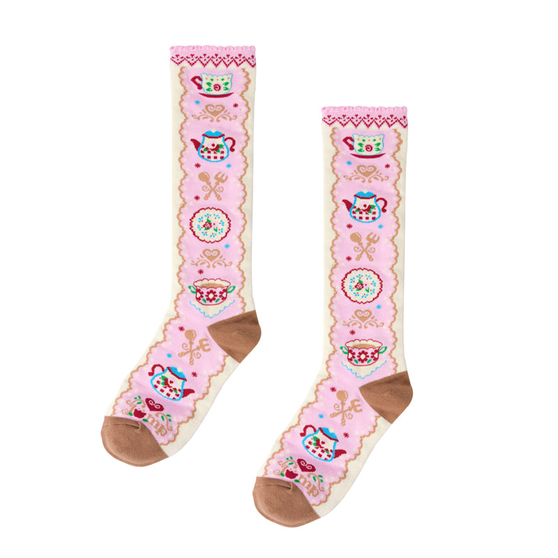 Original afternoon tea pattern lace pink versatile mid-tube socks cotton socks