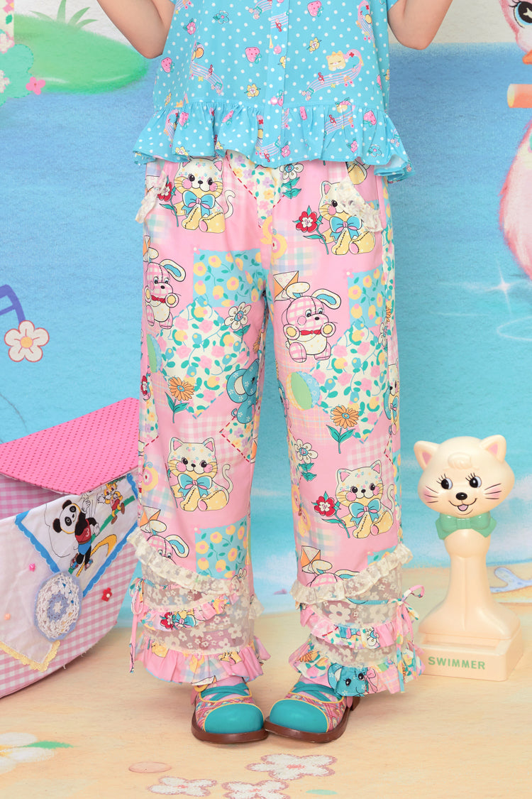 Animal print patchwork lace elastic waist loose wide-leg trousers pink and blue