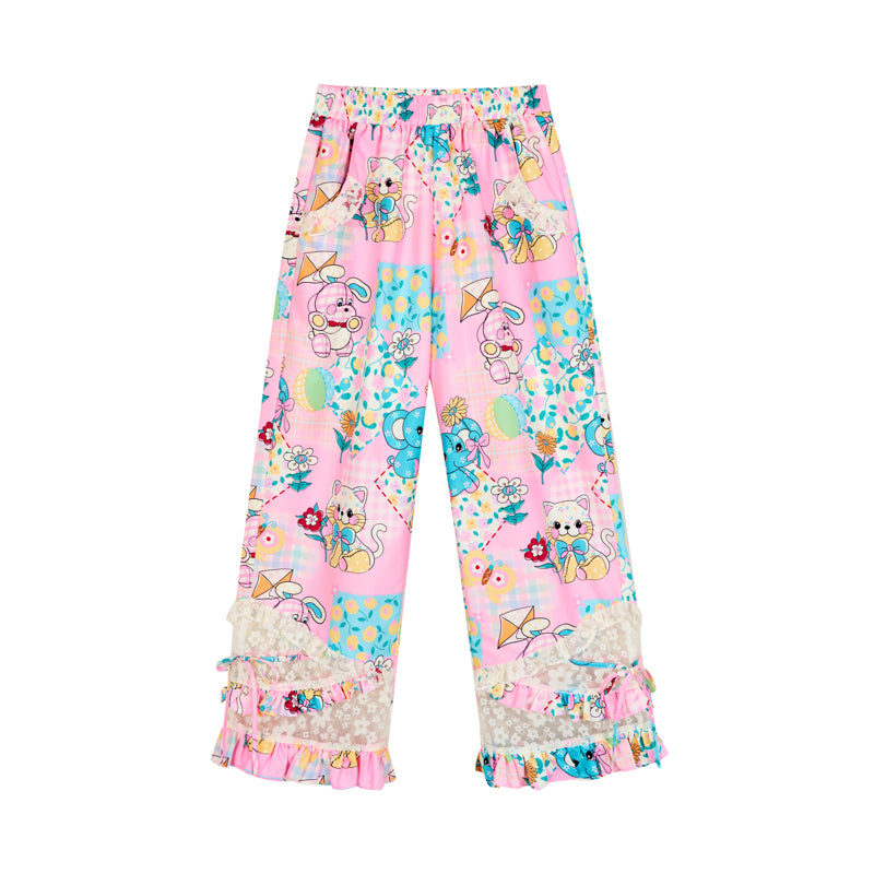 Animal print patchwork lace elastic waist loose wide-leg trousers pink and blue