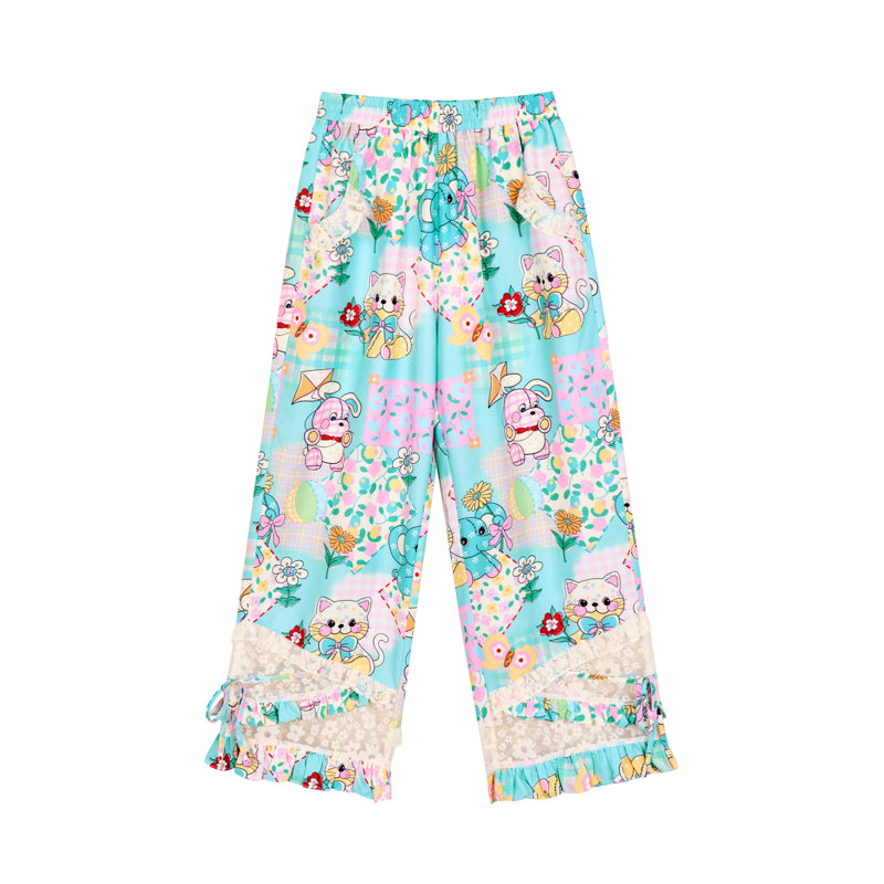 Animal print patchwork lace elastic waist loose wide-leg trousers pink and blue