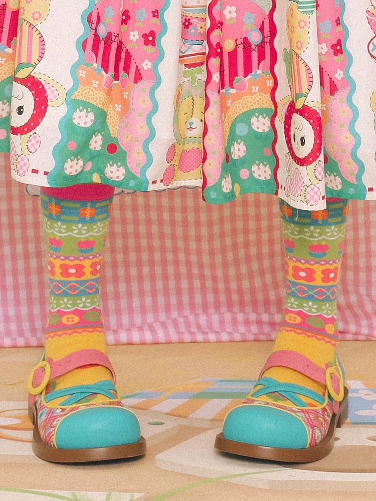 Striped Color Plaid Strawberry Contrast Color Middle Socks Cotton Socks