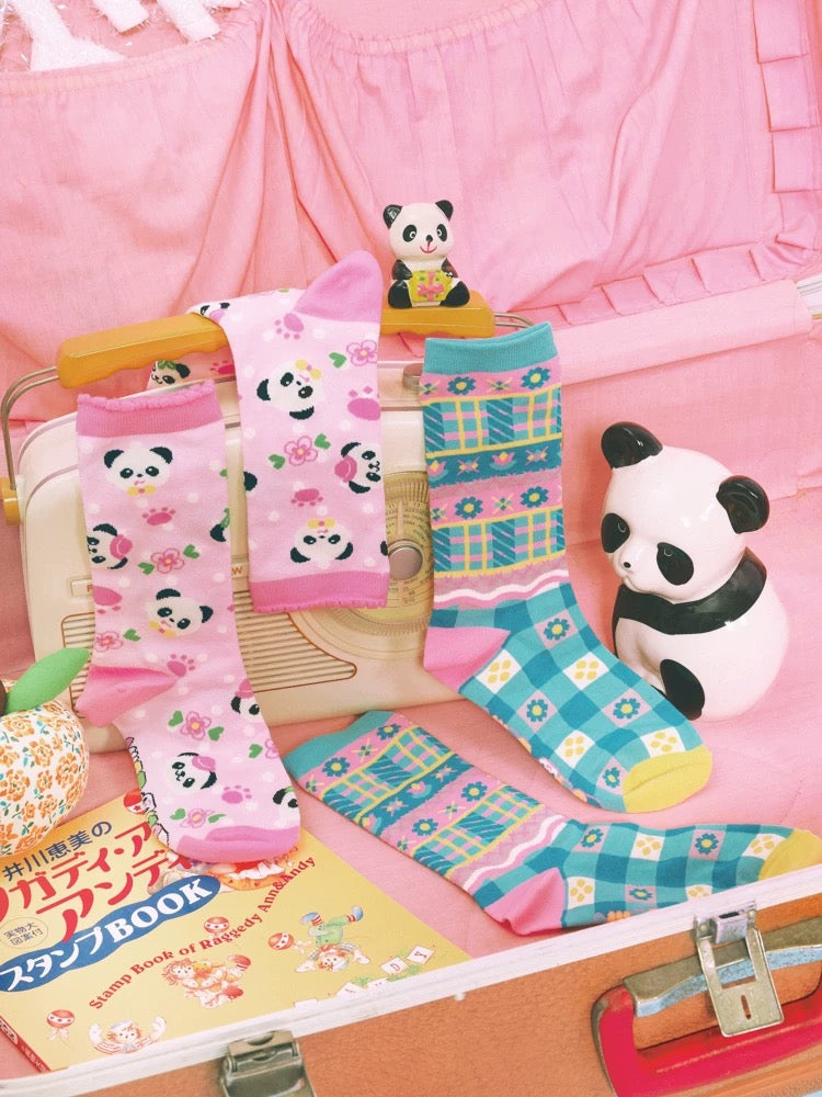Original cartoon childlike colorful panda mid-tube socks cotton socks 2 pairs