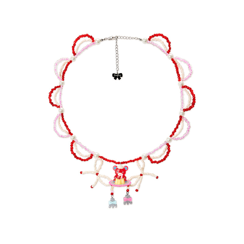Original Vintage Pudding Bear Resin Beaded Cream Necklace