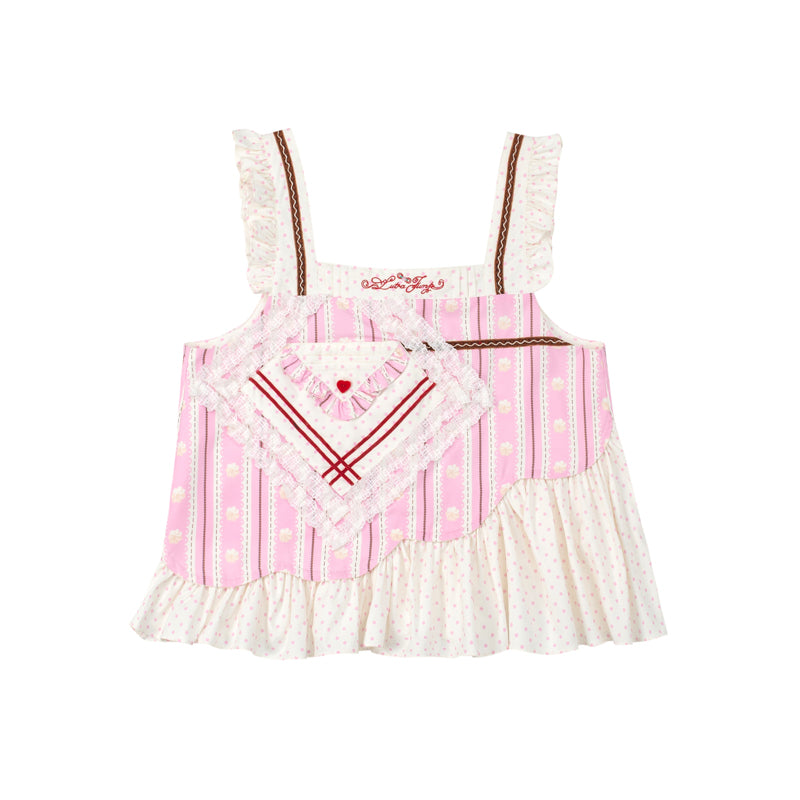 Pink polka dot cream stripes pink lace sweet versatile vest