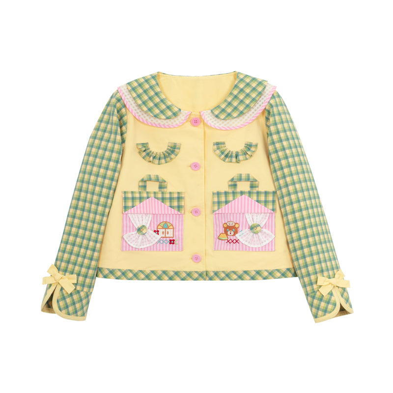 Original patchwork plaid embroidered melon-colored jacket & patchwork skirt set