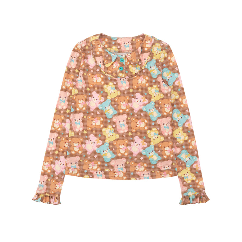 Bear print faux two-piece design, versatile long-sleeved elastic base layer