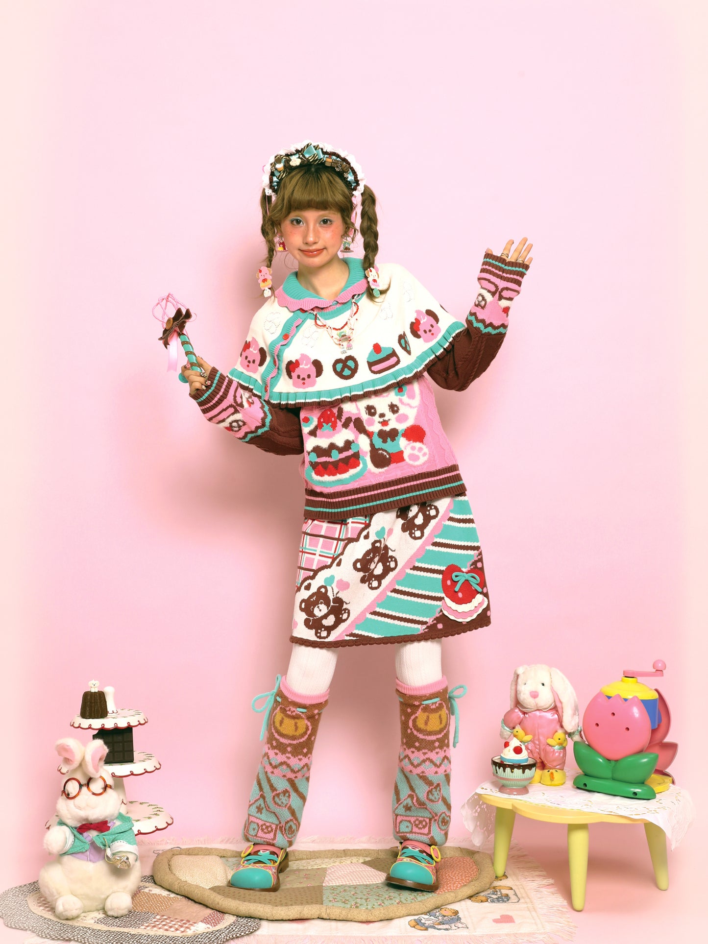 Pink Bunny Cute Retro Cable Knit Cape Sweater Two-Piece Set