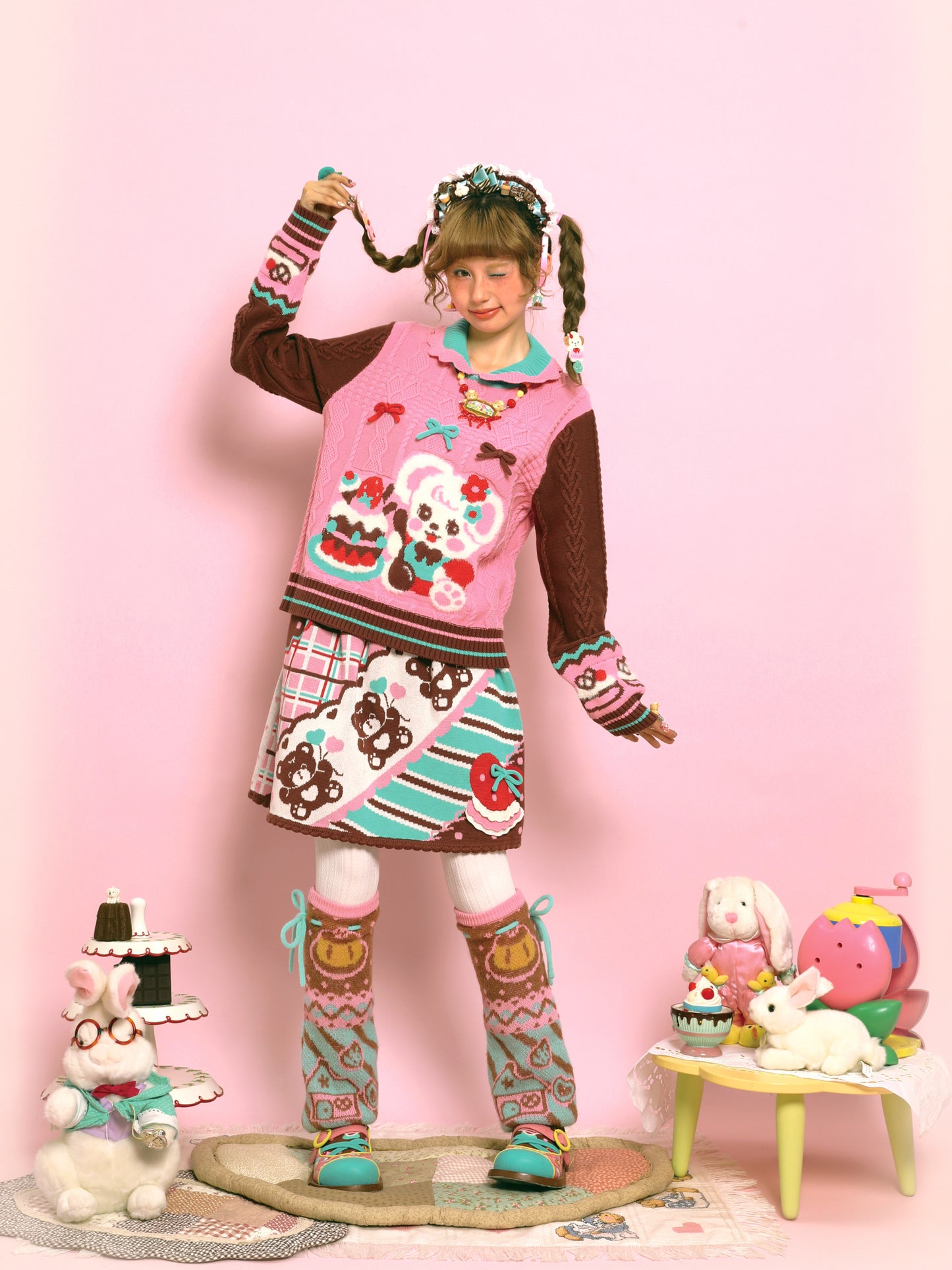 Pink Bunny Cute Retro Cable Knit Cape Sweater Two-Piece Set