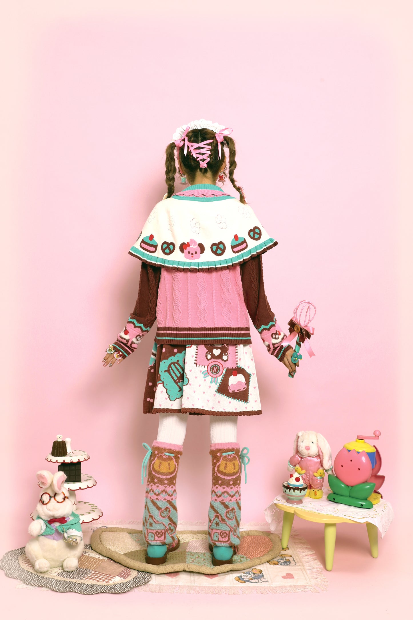 Pink Bunny Cute Retro Cable Knit Cape Sweater Two-Piece Set