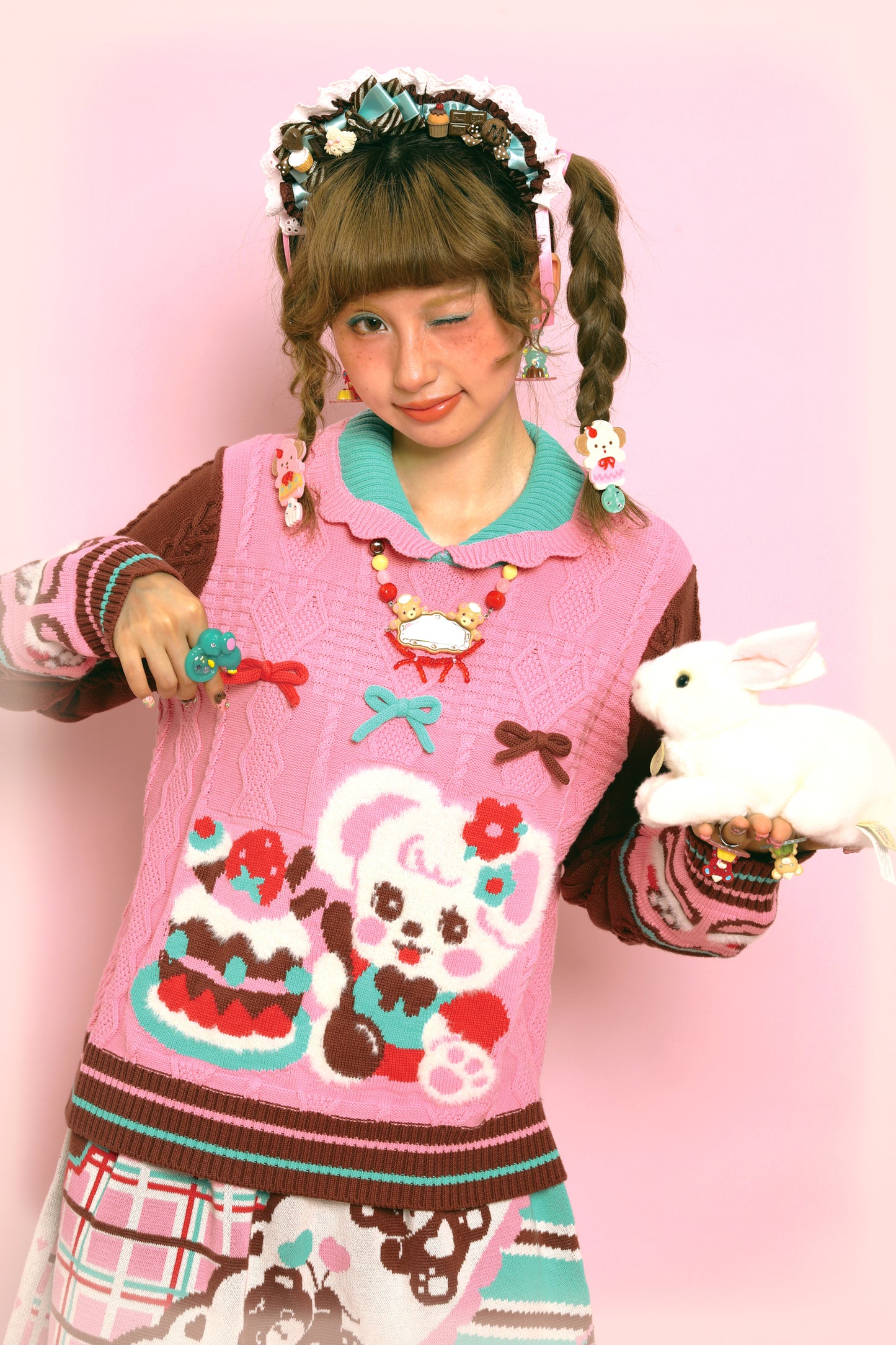 Pink Bunny Cute Retro Cable Knit Cape Sweater Two-Piece Set