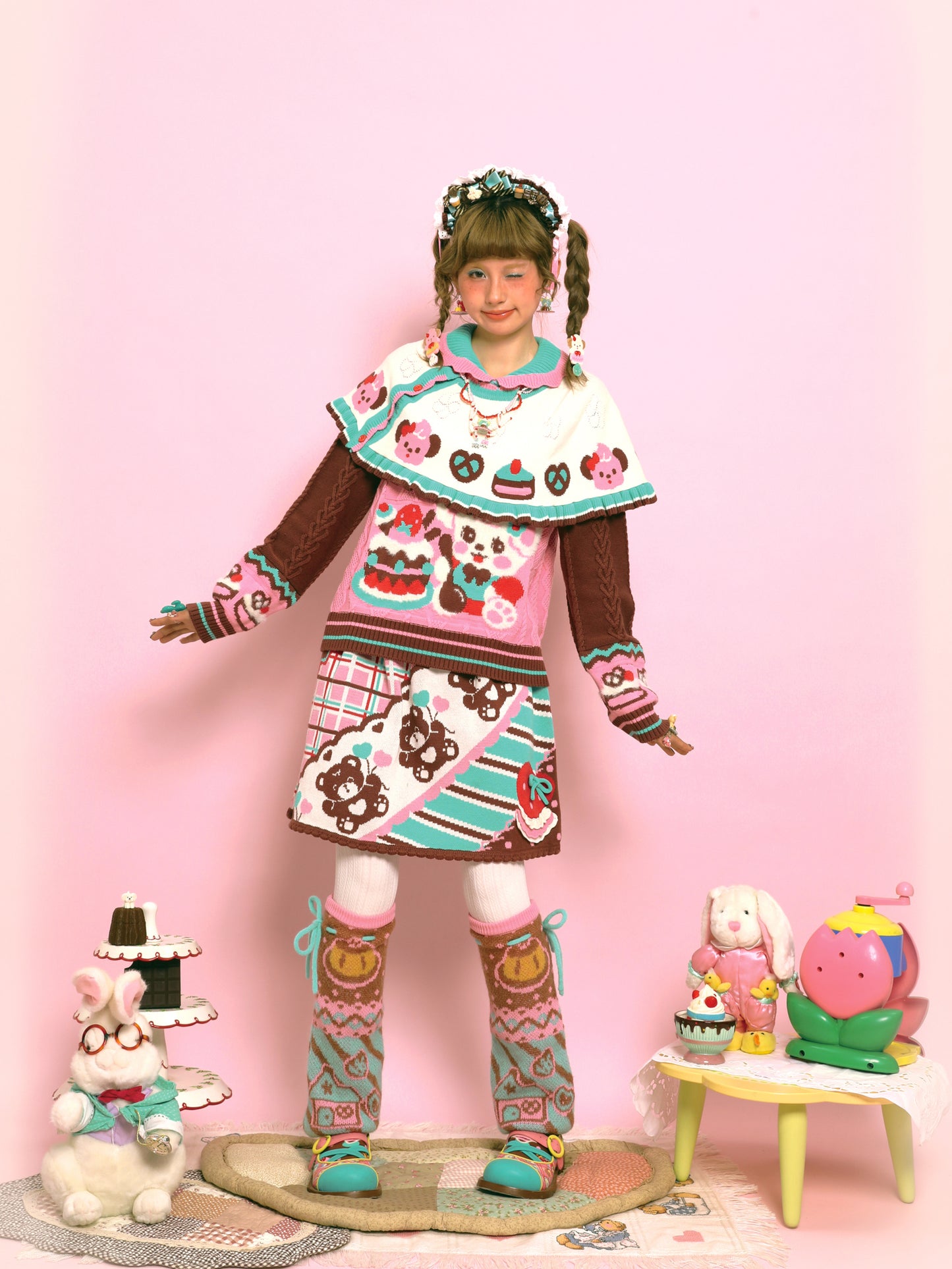 Pink Bunny Cute Retro Cable Knit Cape Sweater Two-Piece Set