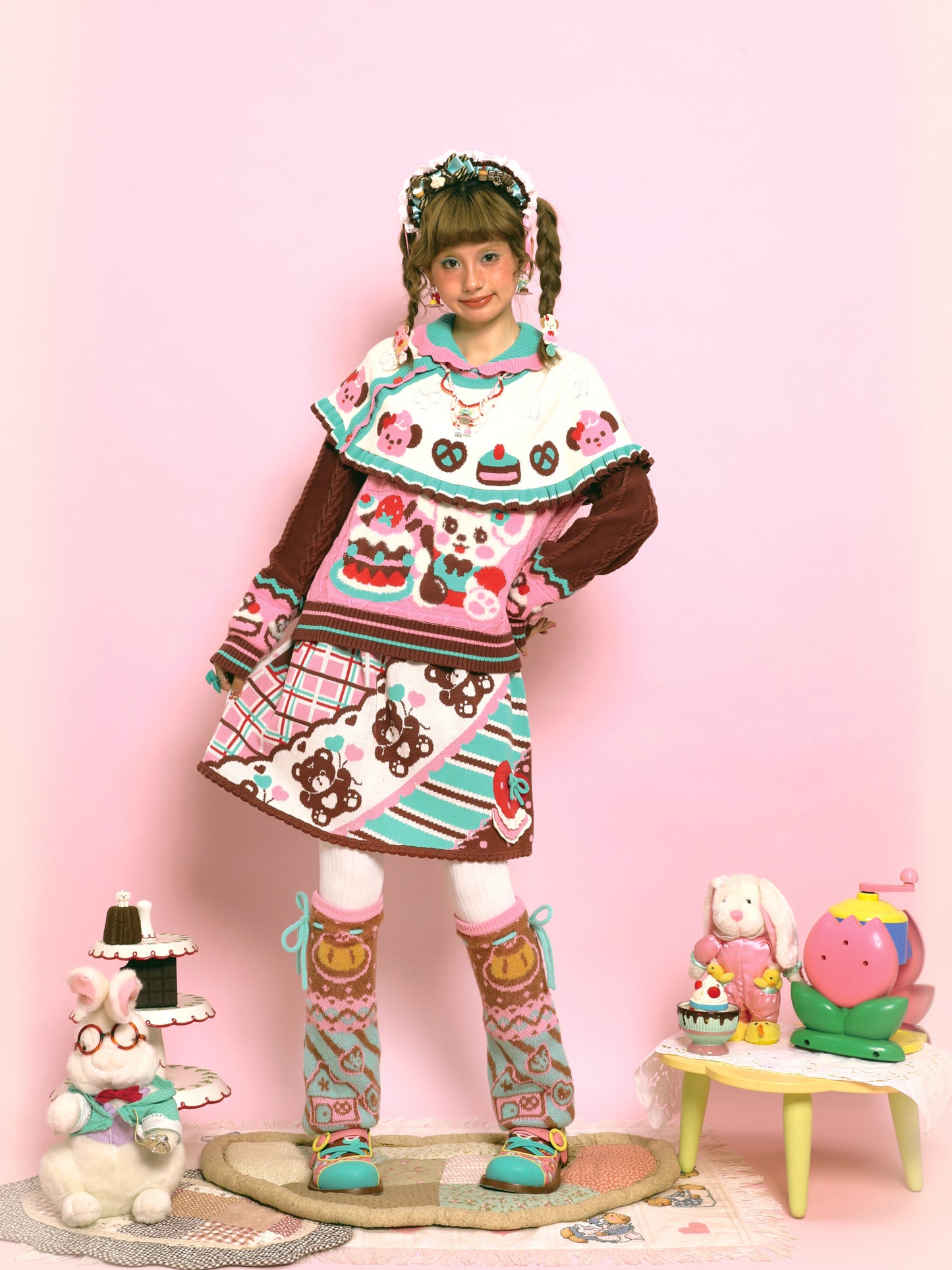 Retro diagonal striped bear thin and versatile cute knitted short skirt