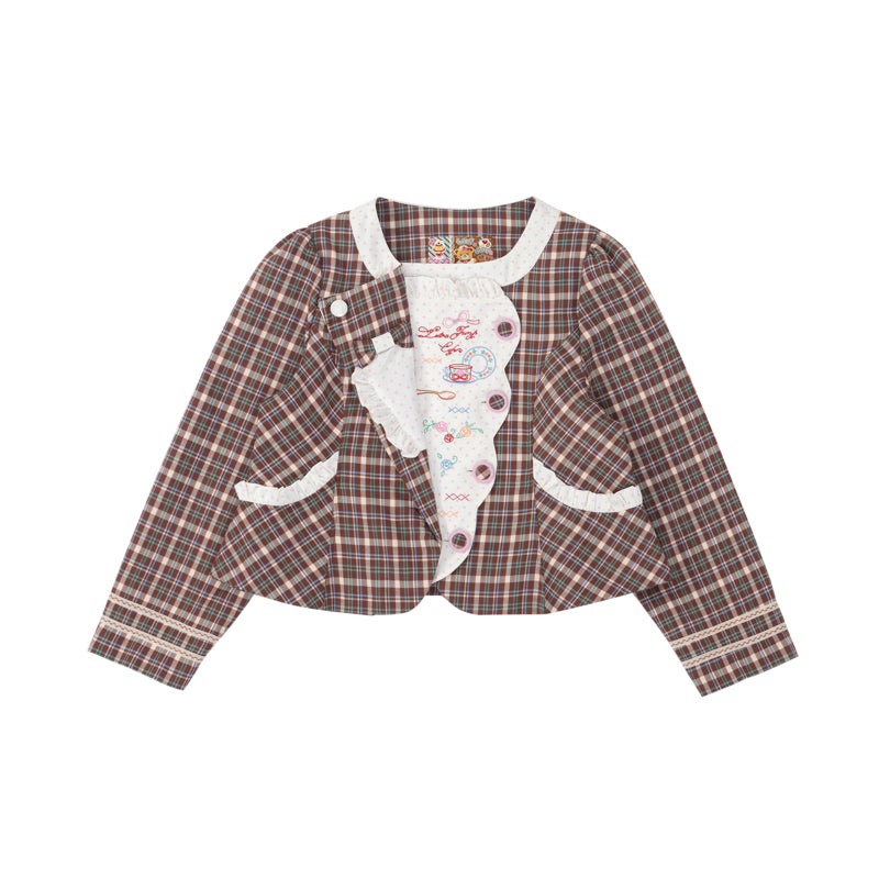 Retro Polka Dot Embroidery Tea Break Suit Jacket Pink & Coffee