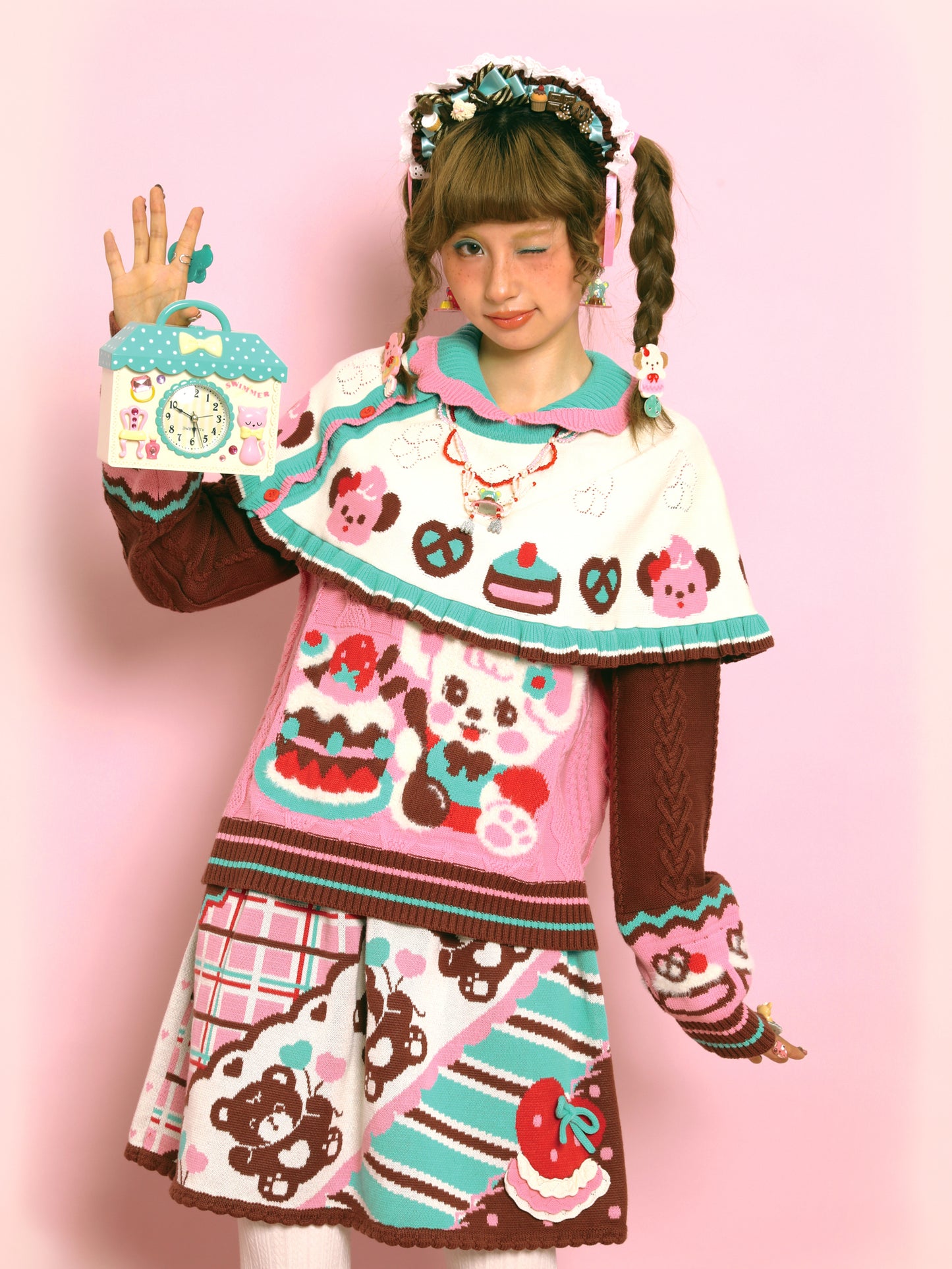 Pink Bunny Cute Retro Cable Knit Cape Sweater Two-Piece Set