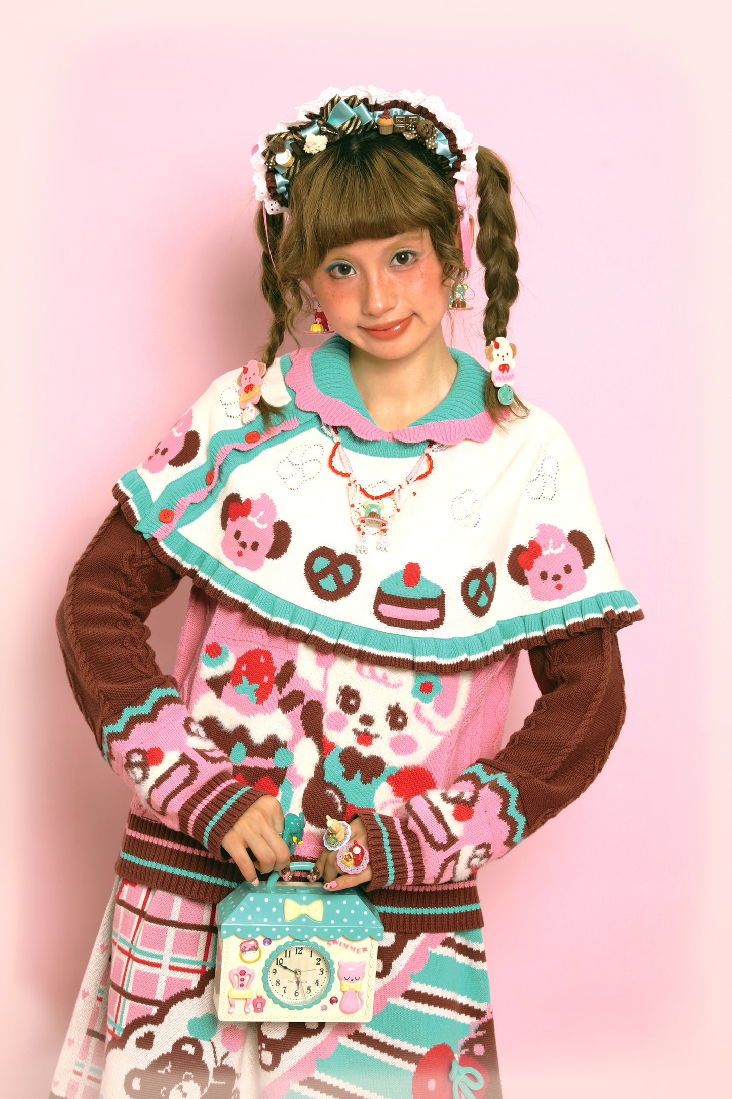 Pink Bunny Cute Retro Cable Knit Cape Sweater Two-Piece Set