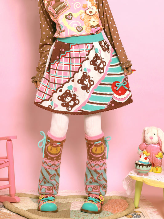 Retro diagonal striped bear thin and versatile cute knitted short skirt