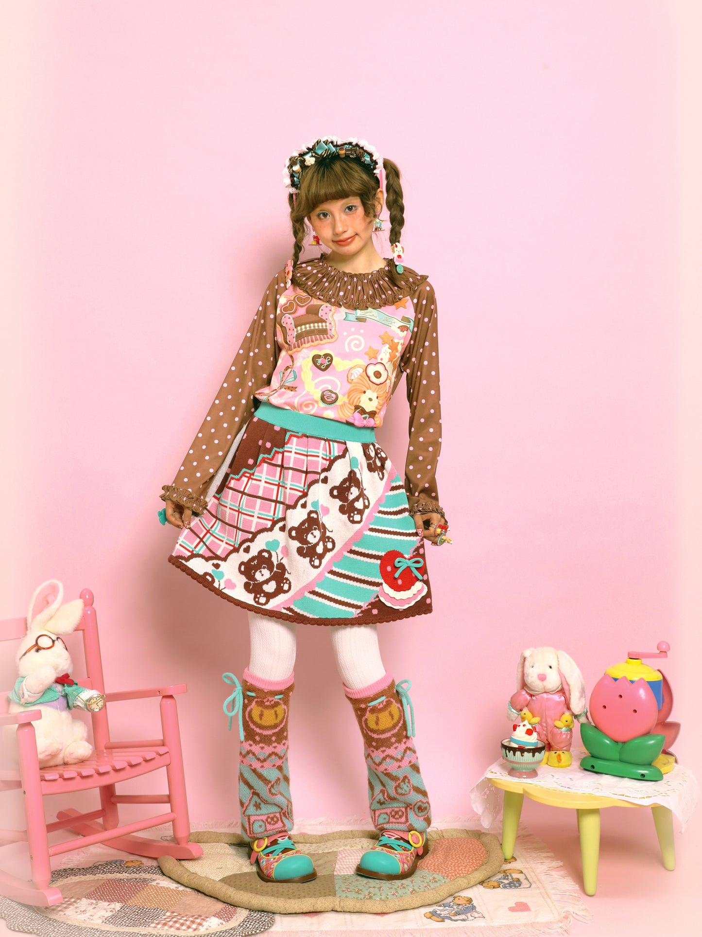 Retro diagonal striped bear thin and versatile cute knitted short skirt