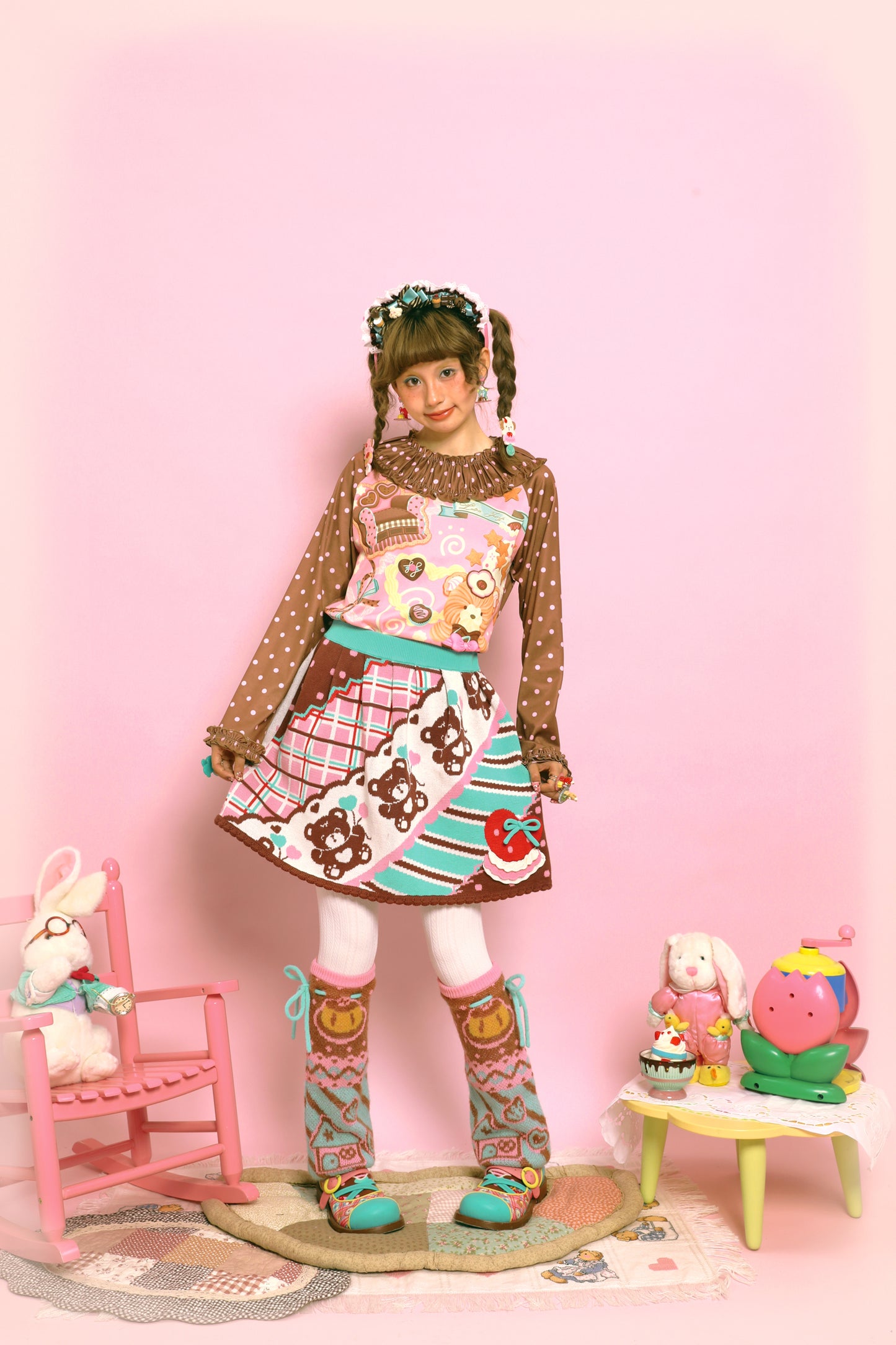 Retro diagonal striped bear thin and versatile cute knitted short skirt