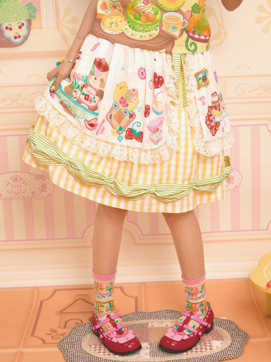 Two-piece original printed apron lace plaid retro skirt short skirt