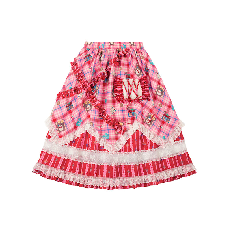 Pink plaid striped lace suit dress & tiered midi skirt set