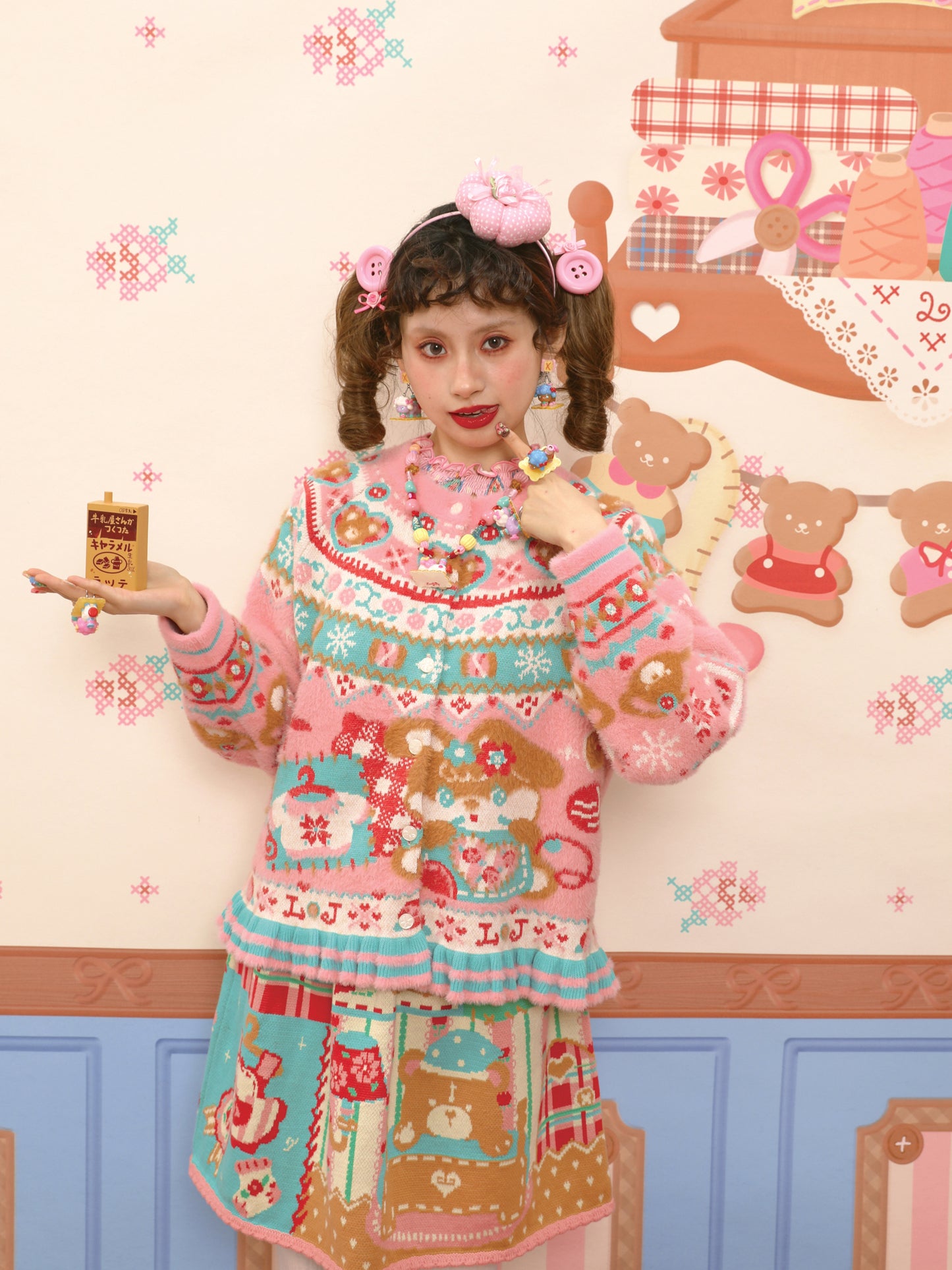 Red and pink Fair Isle style faux mink fur knitted cardigan with rabbit motif