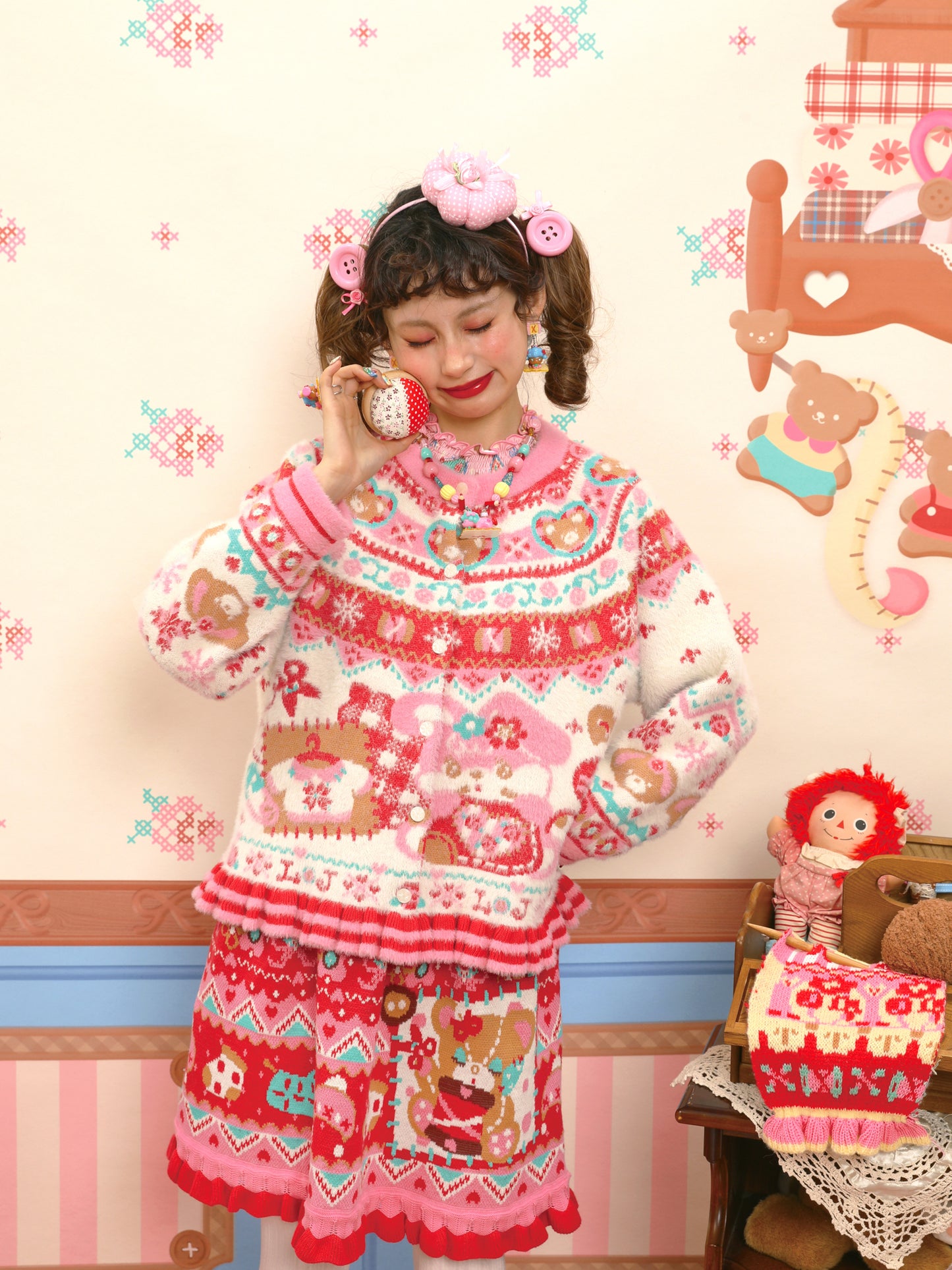 Red and pink Fair Isle style faux mink fur knitted cardigan with rabbit motif