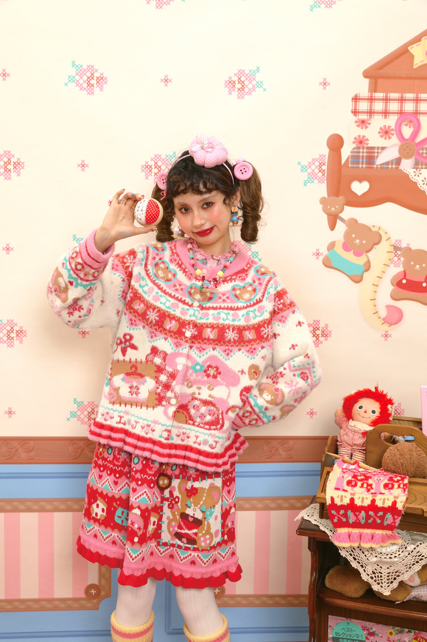 Red and pink Fair Isle style faux mink fur knitted cardigan with rabbit motif