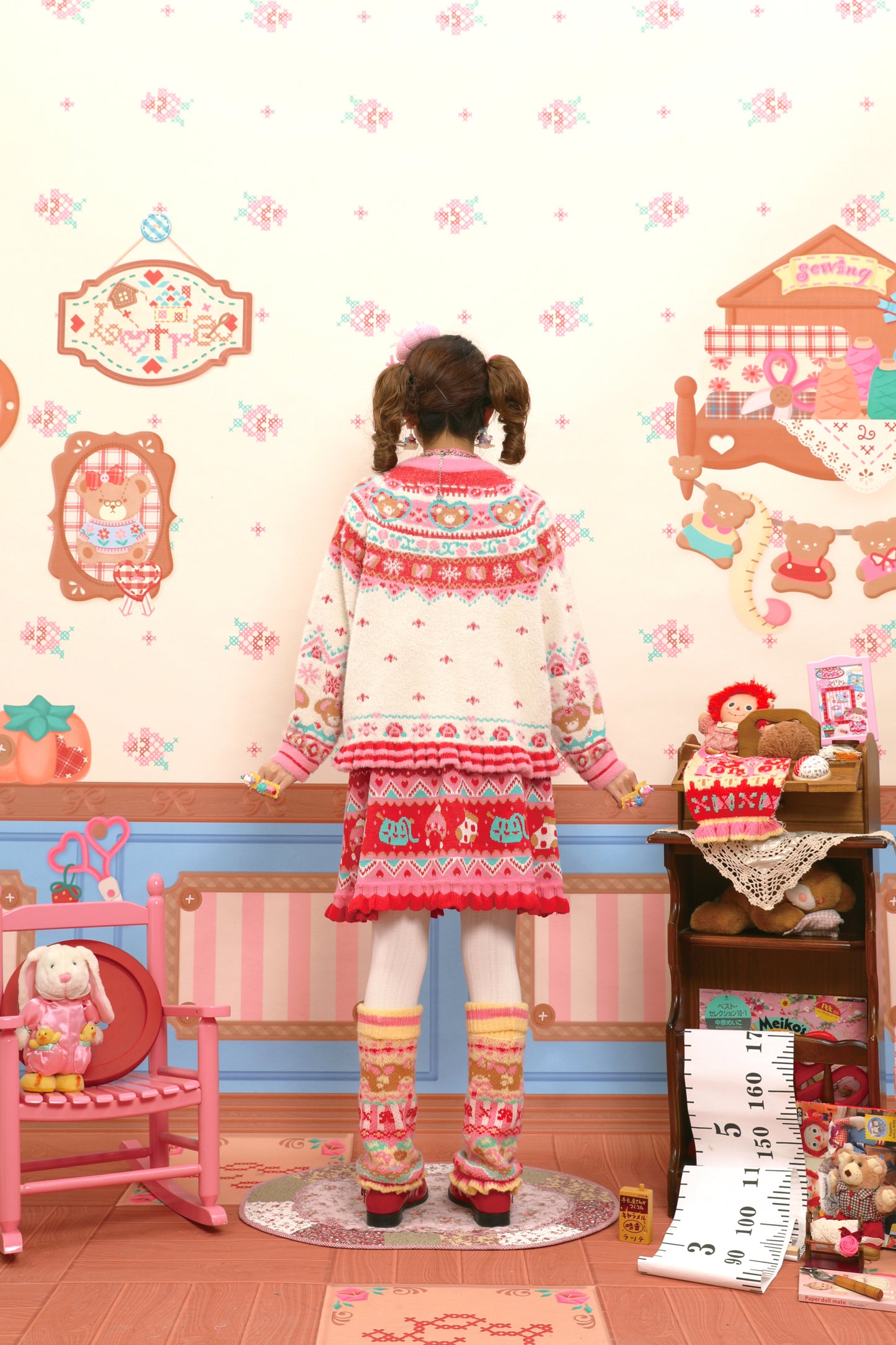 Red and pink Fair Isle style faux mink fur knitted cardigan with rabbit motif
