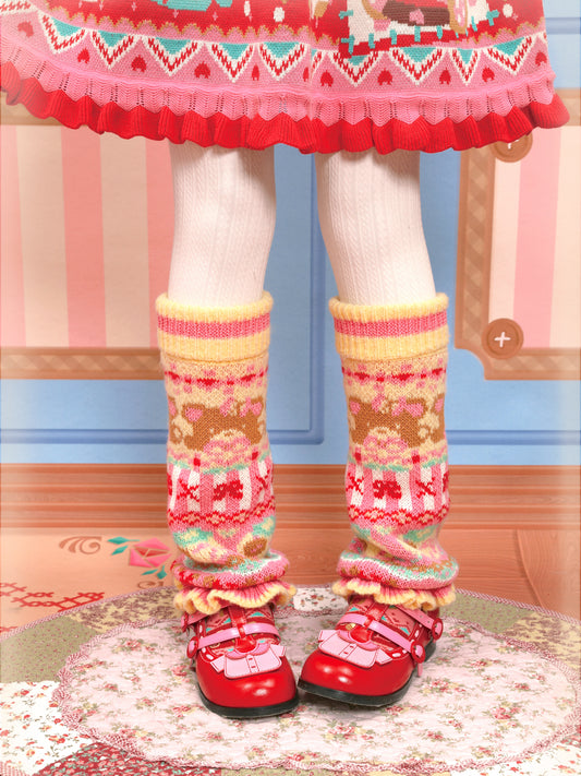 Yellowish-pink slimming knitted leg warmers/socks with wool for warmth and lace trim.