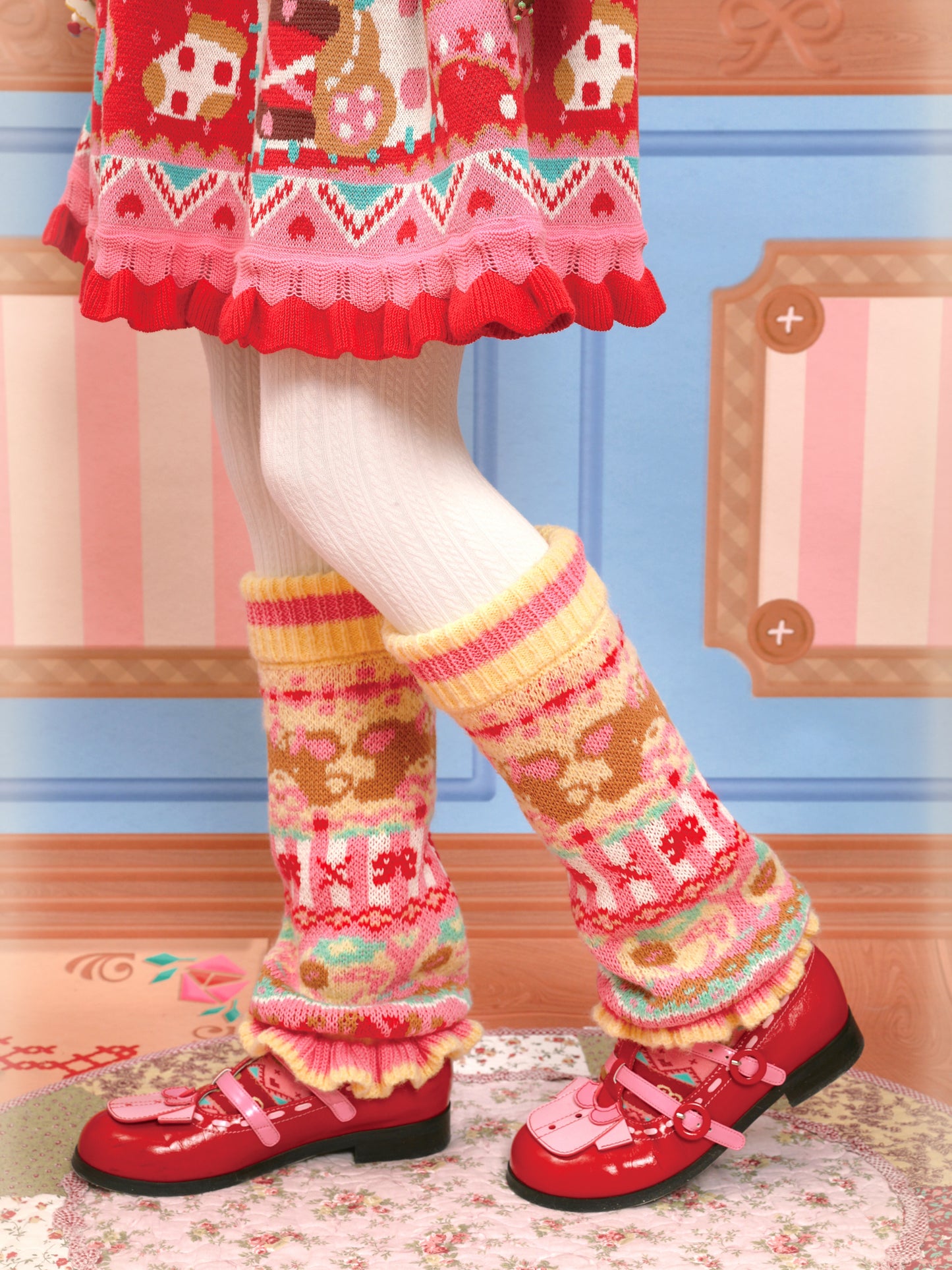 Yellowish-pink slimming knitted leg warmers/socks with wool for warmth and lace trim.