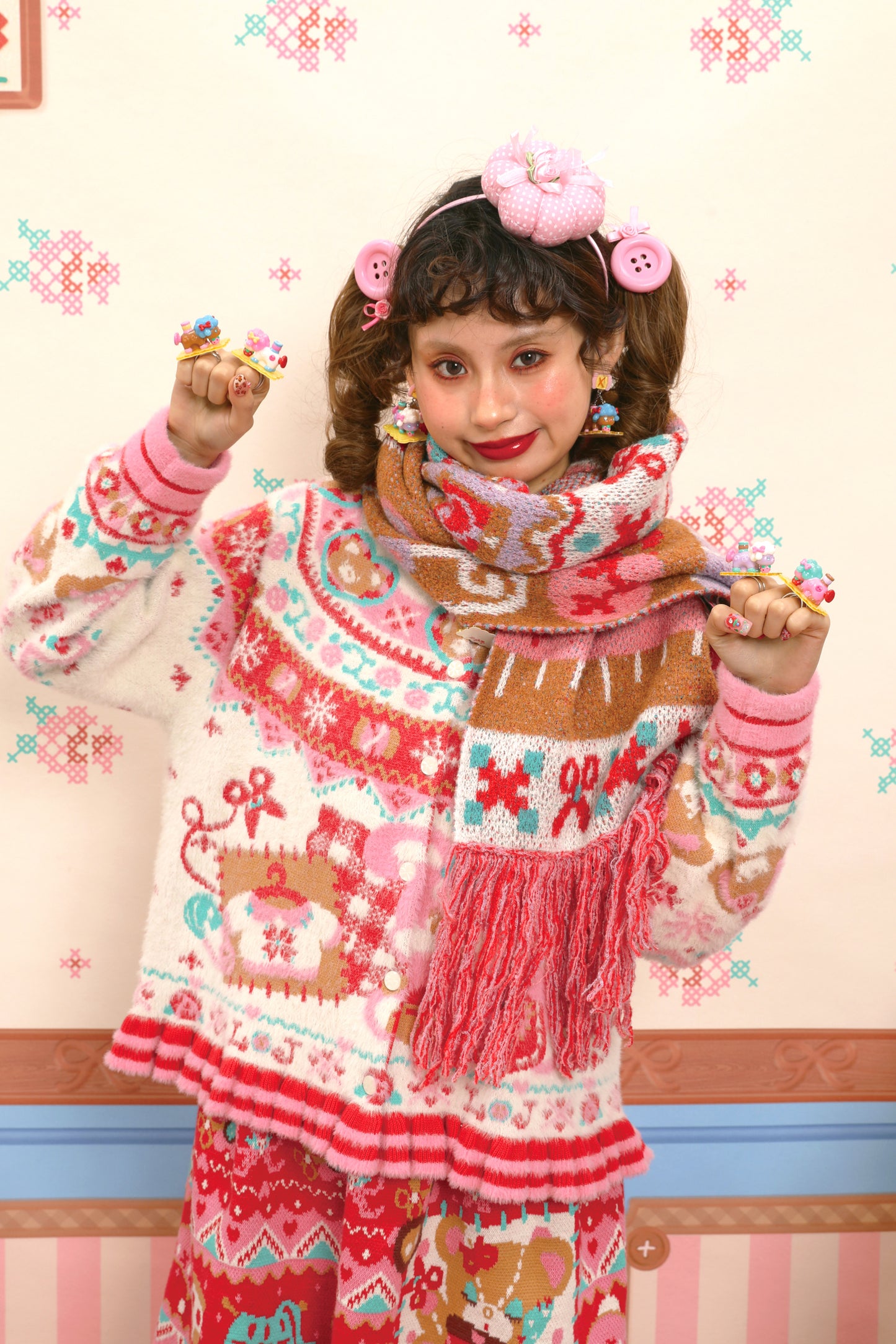 Red and pink Fair Isle style faux mink fur knitted cardigan with rabbit motif
