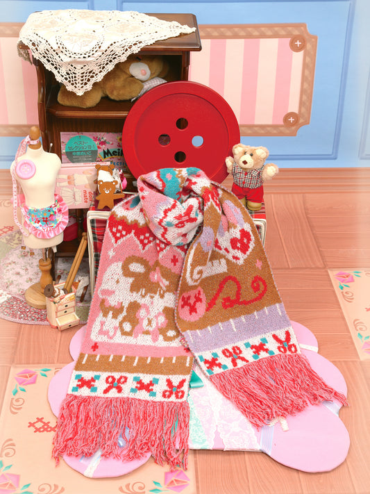 Original handmade knitted rabbit-patterned versatile soft fringed long scarf.