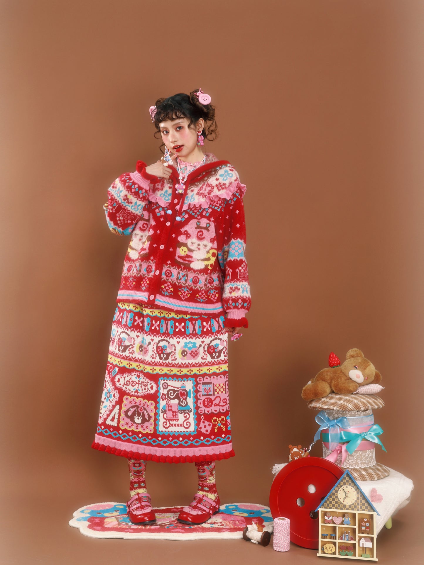 Red Fair Isle hooded lambskin-imitation mink knit cardigan