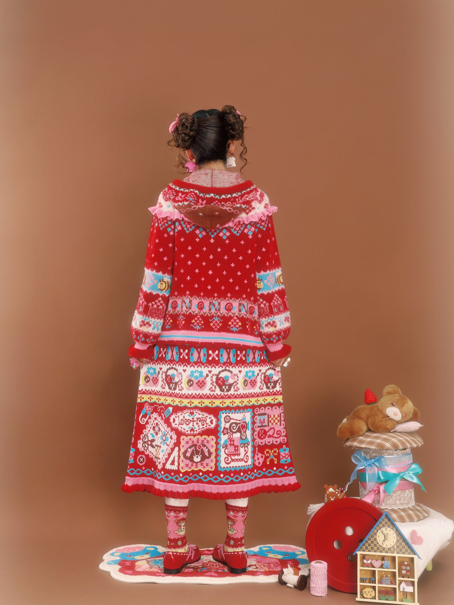 Red Fair Isle hooded lambskin-imitation mink knit cardigan