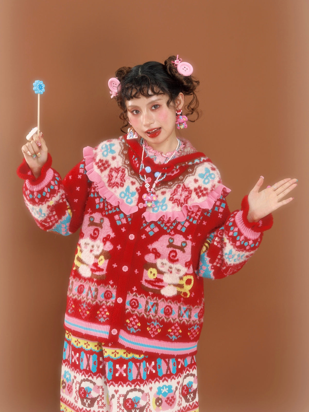 Red Fair Isle hooded lambskin-imitation mink knit cardigan