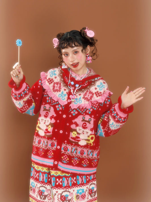 Red Fair Isle hooded lambskin-imitation mink knit cardigan