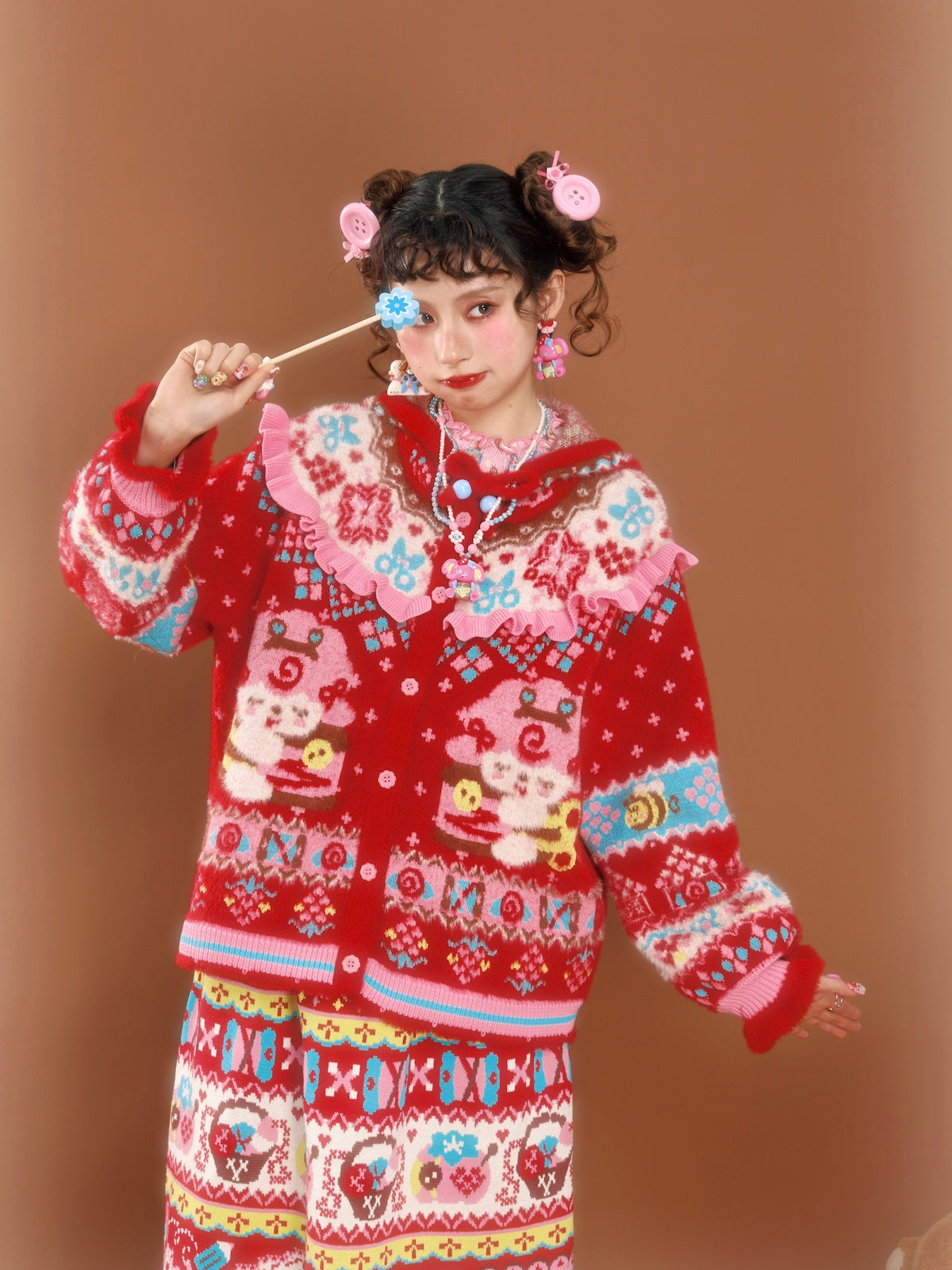 Red Fair Isle hooded lambskin-imitation mink knit cardigan