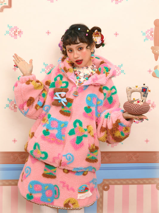 Original custom-made pink fleece and lambskin plush warm jacket.