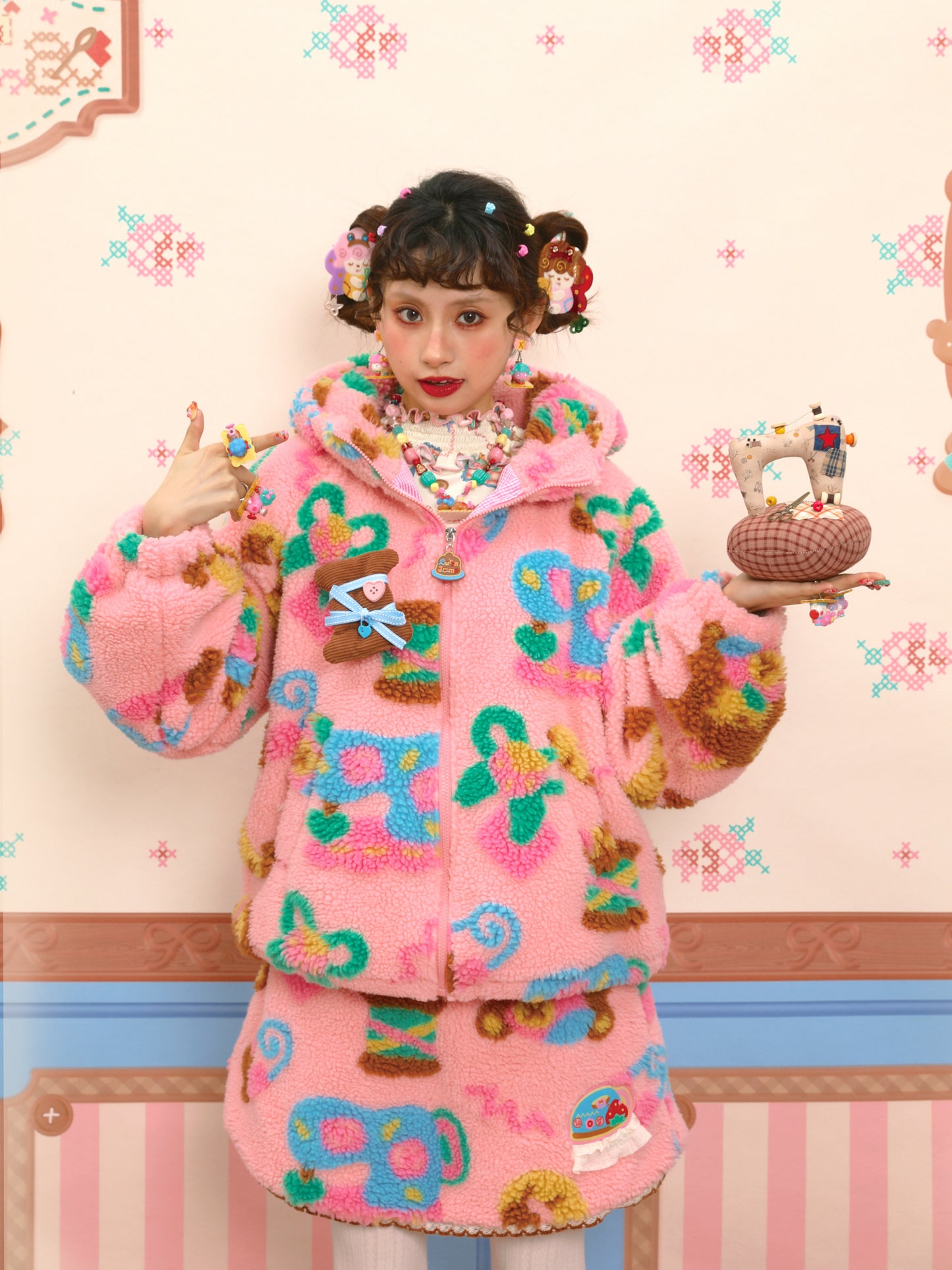 Original custom-made pink fleece and lambskin plush warm jacket.