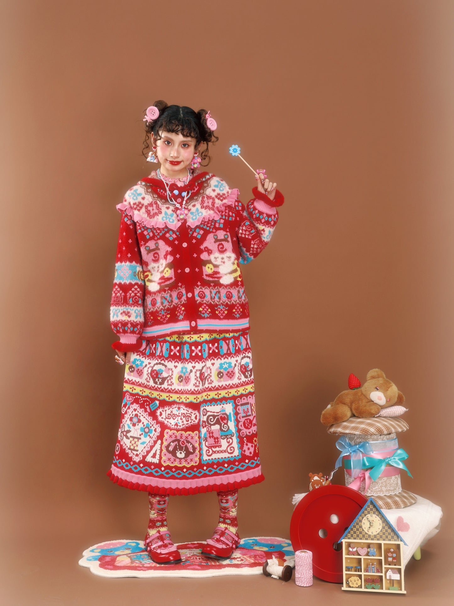 Red jacquard sewing vintage pattern lace knitted skirt (long)