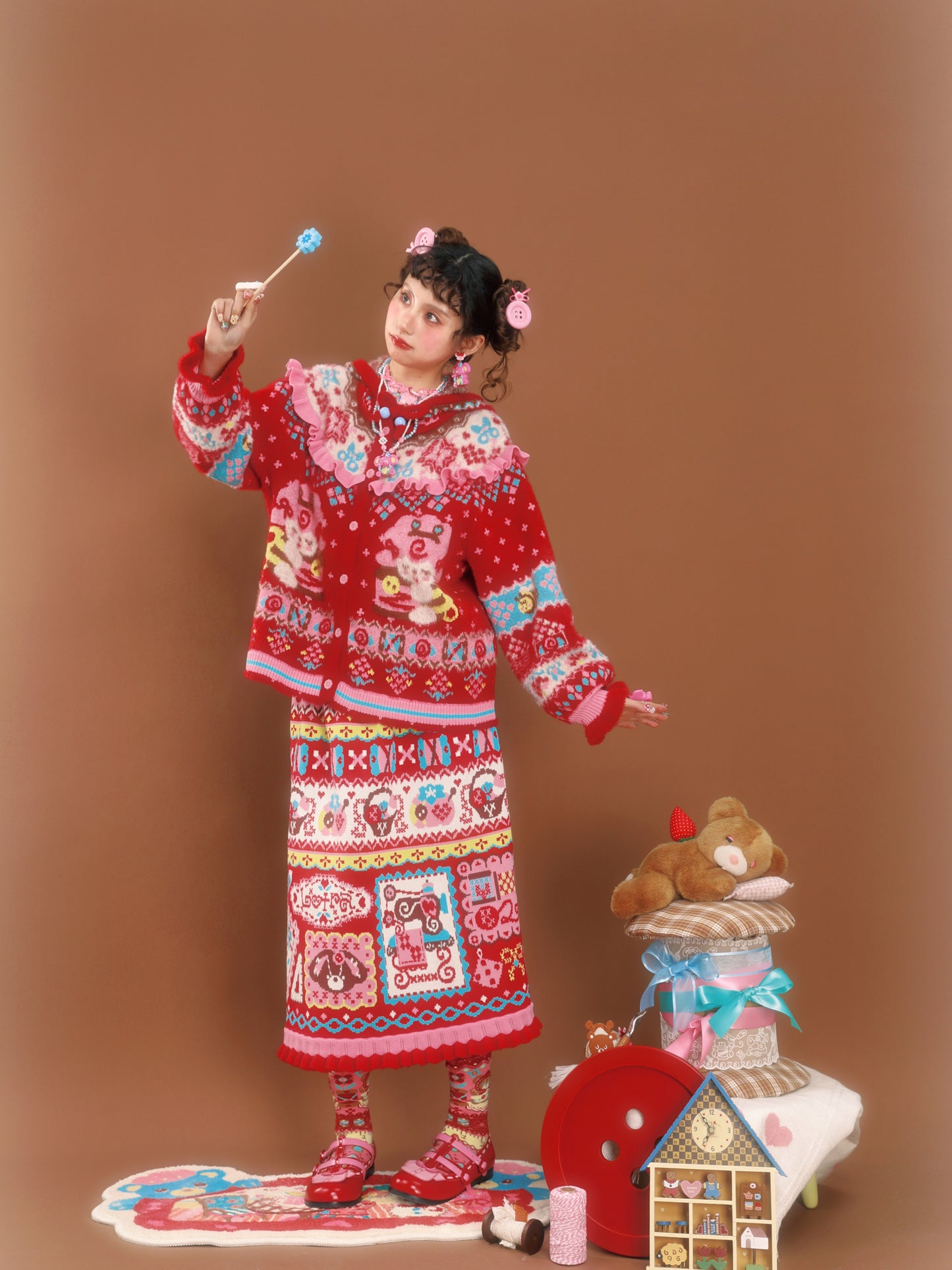 Red Fair Isle hooded lambskin-imitation mink knit cardigan