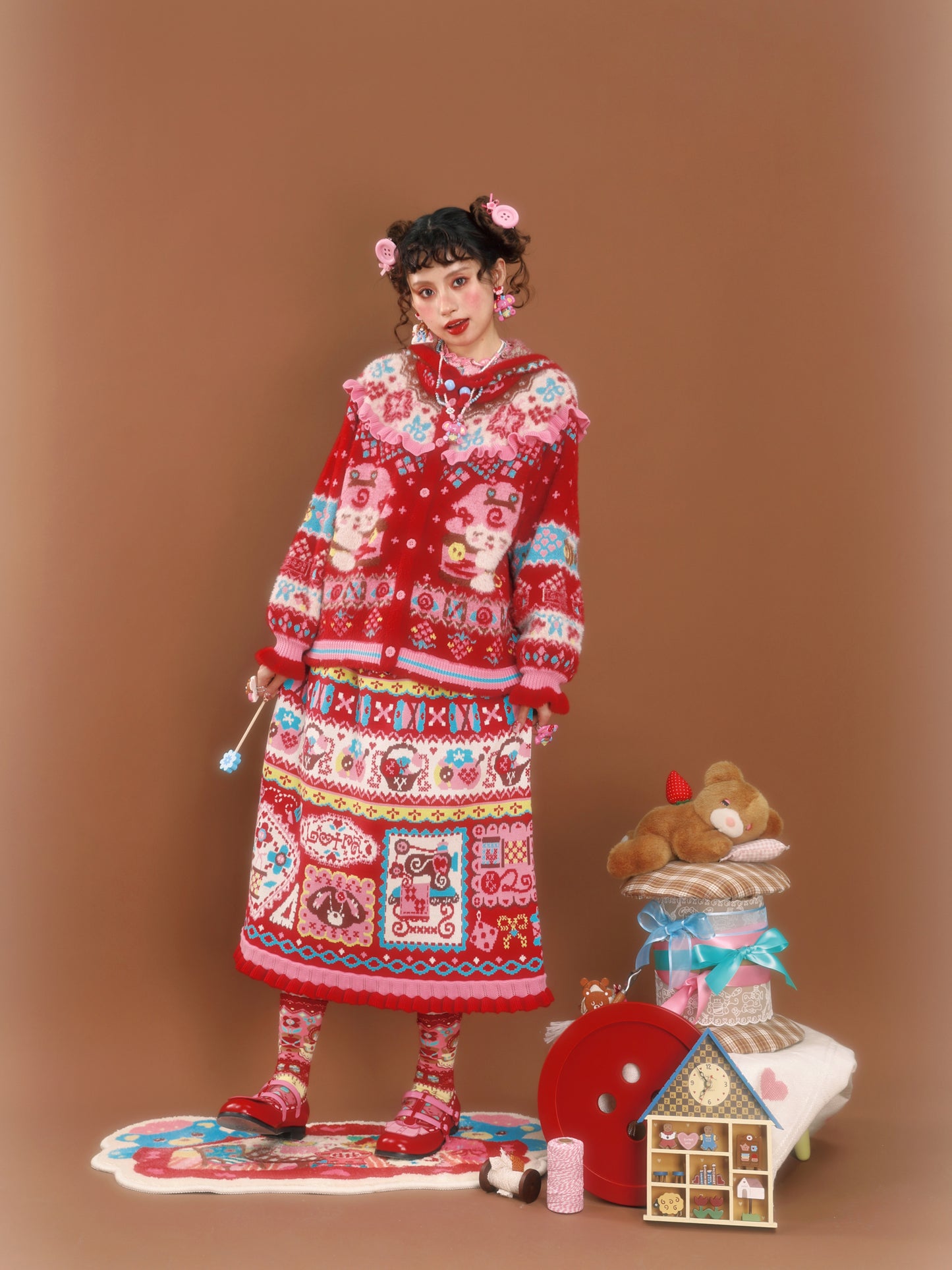 Red jacquard sewing vintage pattern lace knitted skirt (long)