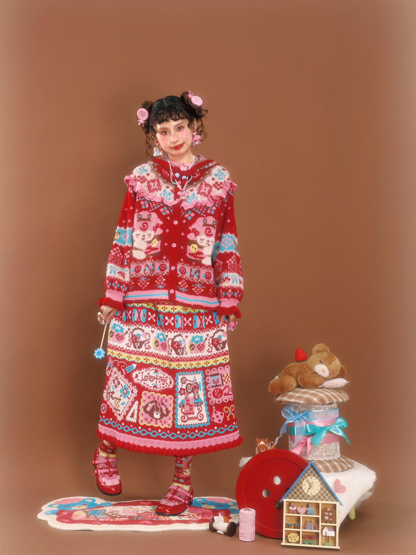 Red jacquard sewing vintage pattern lace knitted skirt (long)